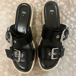 Zara Black Buckle Strap Platform Espadrilles Women's Sandals size 9